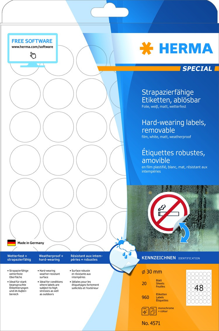 Herma Etiketter Utendrs avtagbare Hvite A4 ~30 (20)