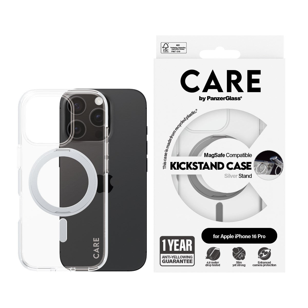 BildeCARE iPhone 16 Pro Case Silver Kickstand & MagSafe