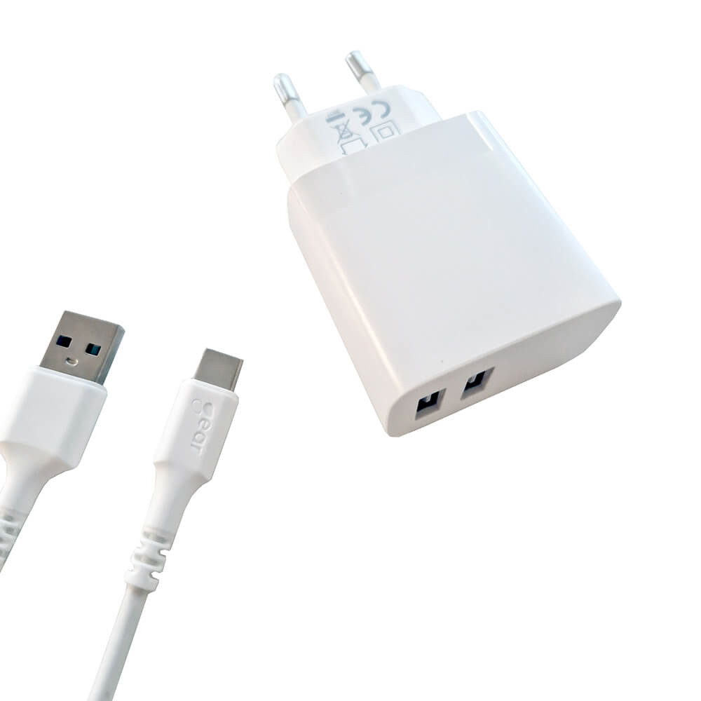 BildeGEAR Charger 220V 2xUSB-A 3.4A White USB-C 2.0 Cable 1m