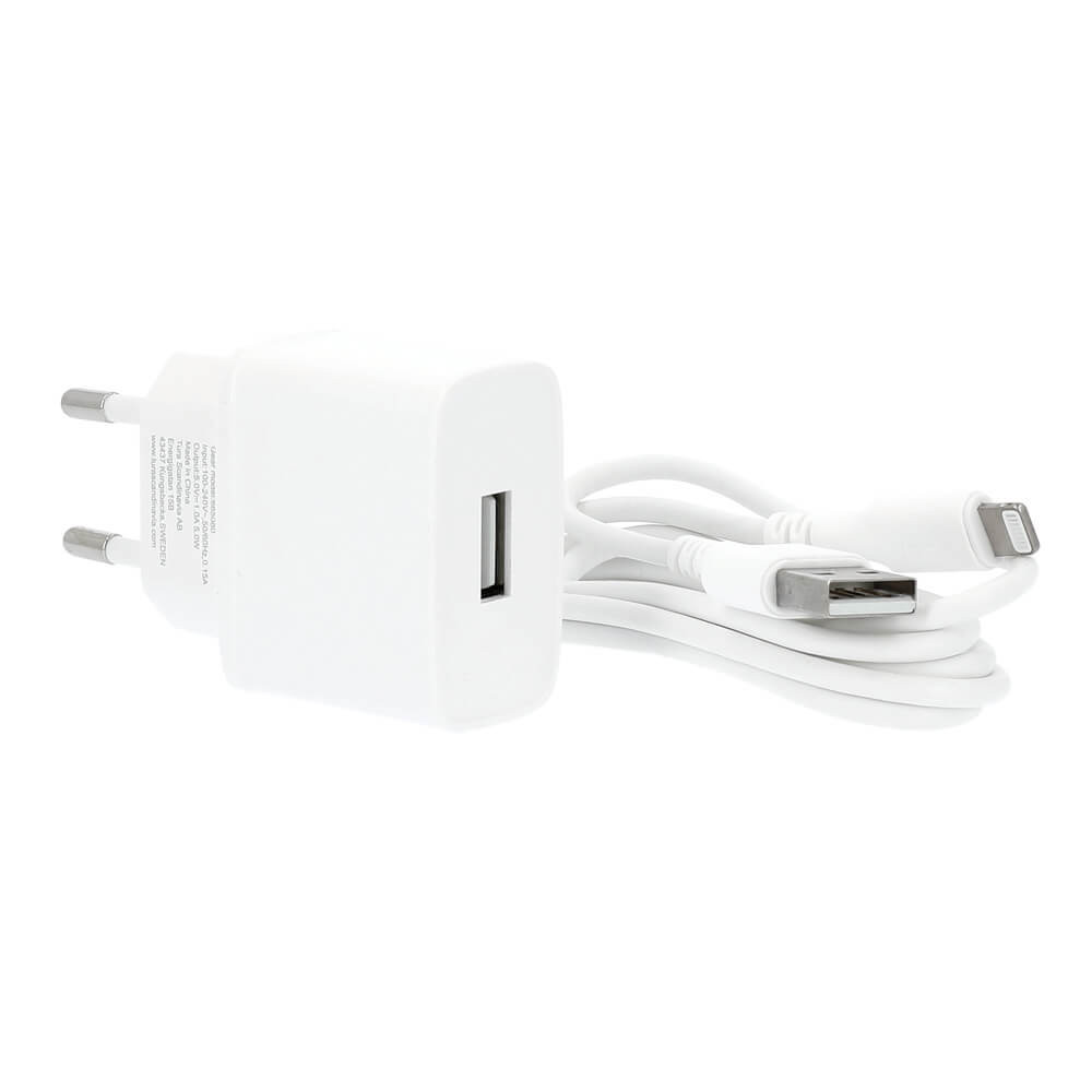 BildeGEAR Laddare 220V 1xUSB-A 1A Vit Lightning Kabel 1m MFI