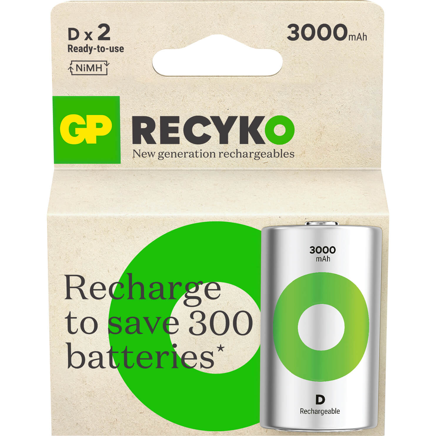 BildeGP Recyko NiMH Battery D HR20 3000mAh 2-pack