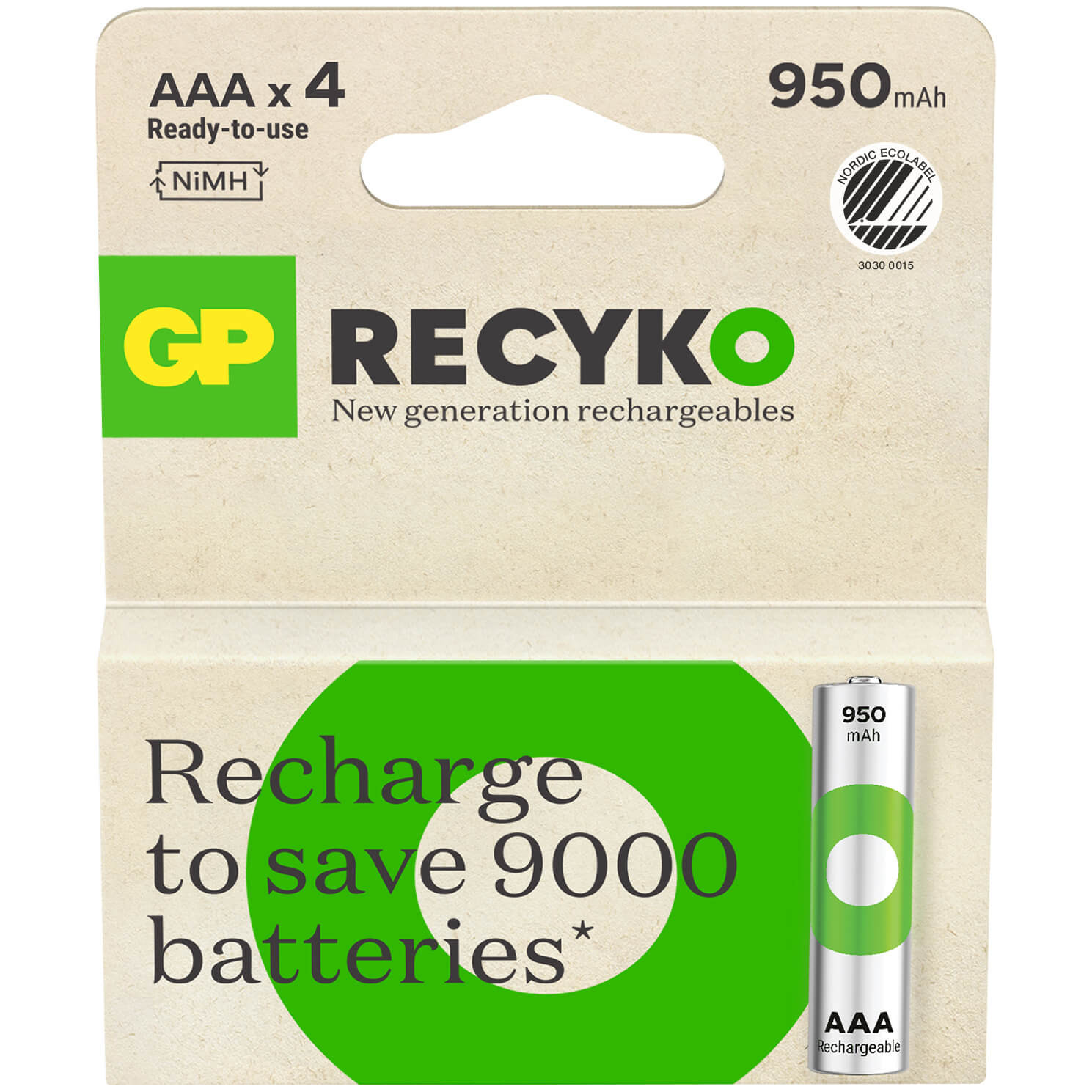 BildeGP Recyko NiMH Battery AAA HR03 950mAh 4-packack