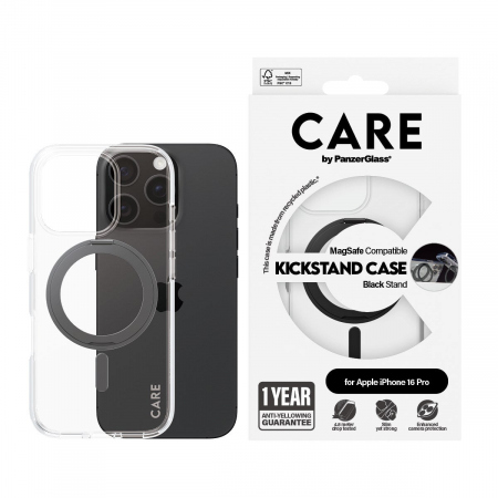 CARE Case Transparent w. Black Kickstand &amp; MagS iPhone16 Pro
