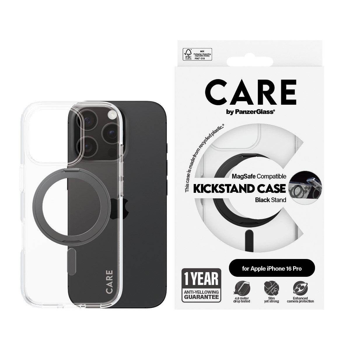 CARE Case Transparent w. Black Kickstand & MagS iPhone16 Pro