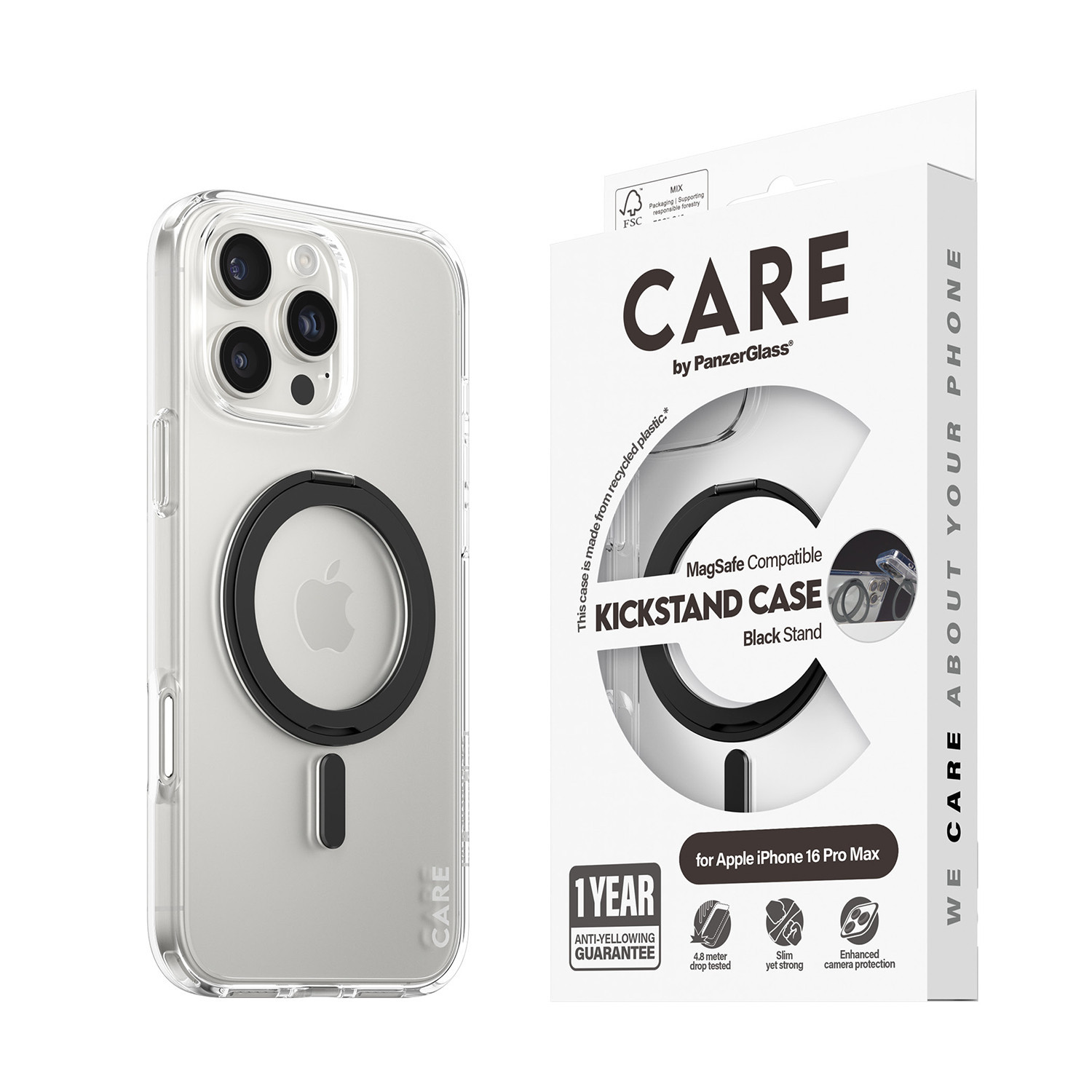 CARE Case Transp w. Black Kickstand & MagS iPhone16 ProMax