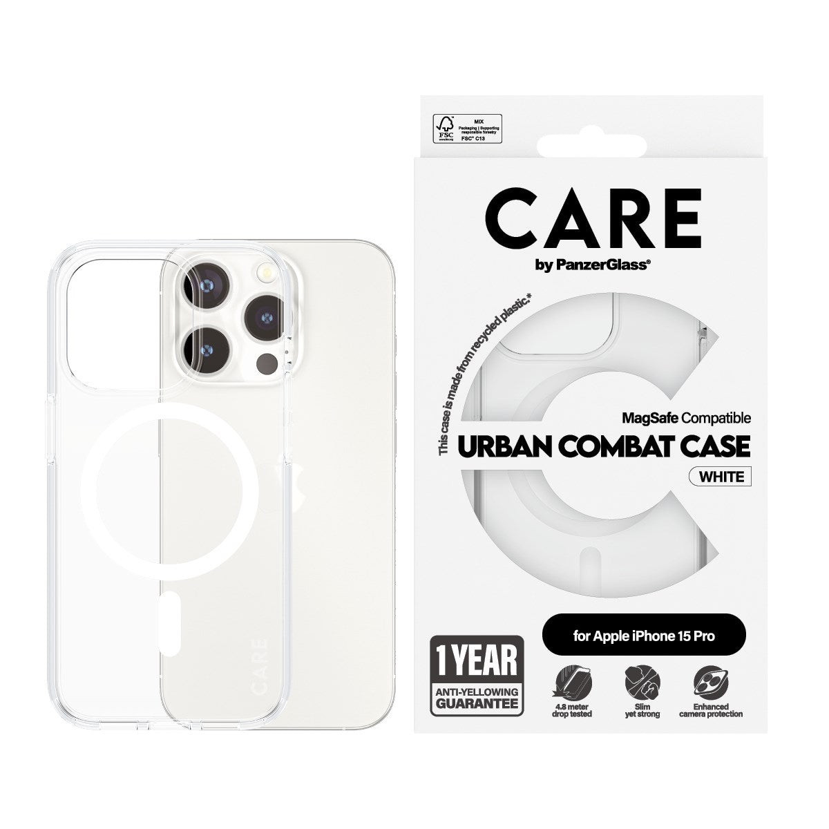 CARE Flagship Case Transp Combat w. White MagS iPhone15 Pro