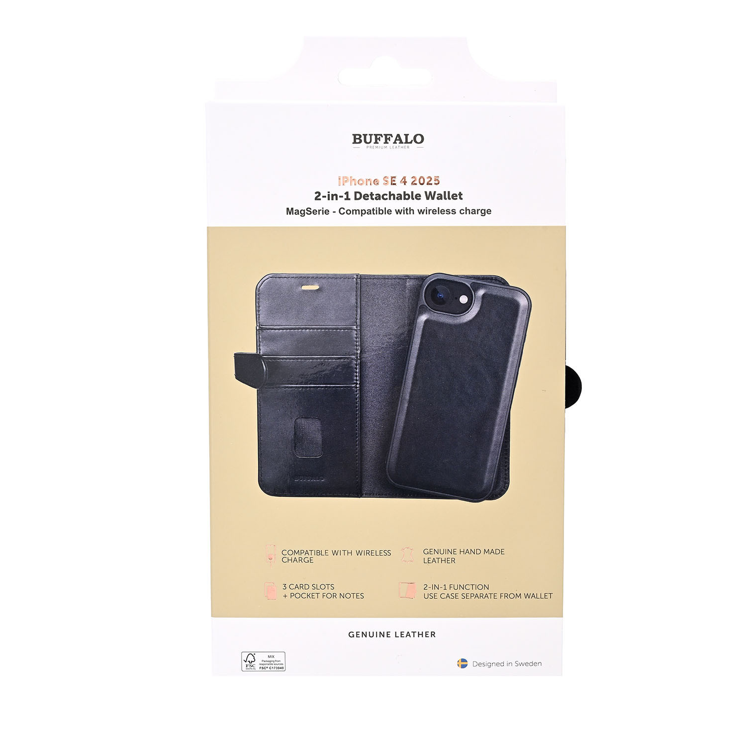 BUFFALO 2in1 Leather 3 card MagSeries iPhone 16e Black