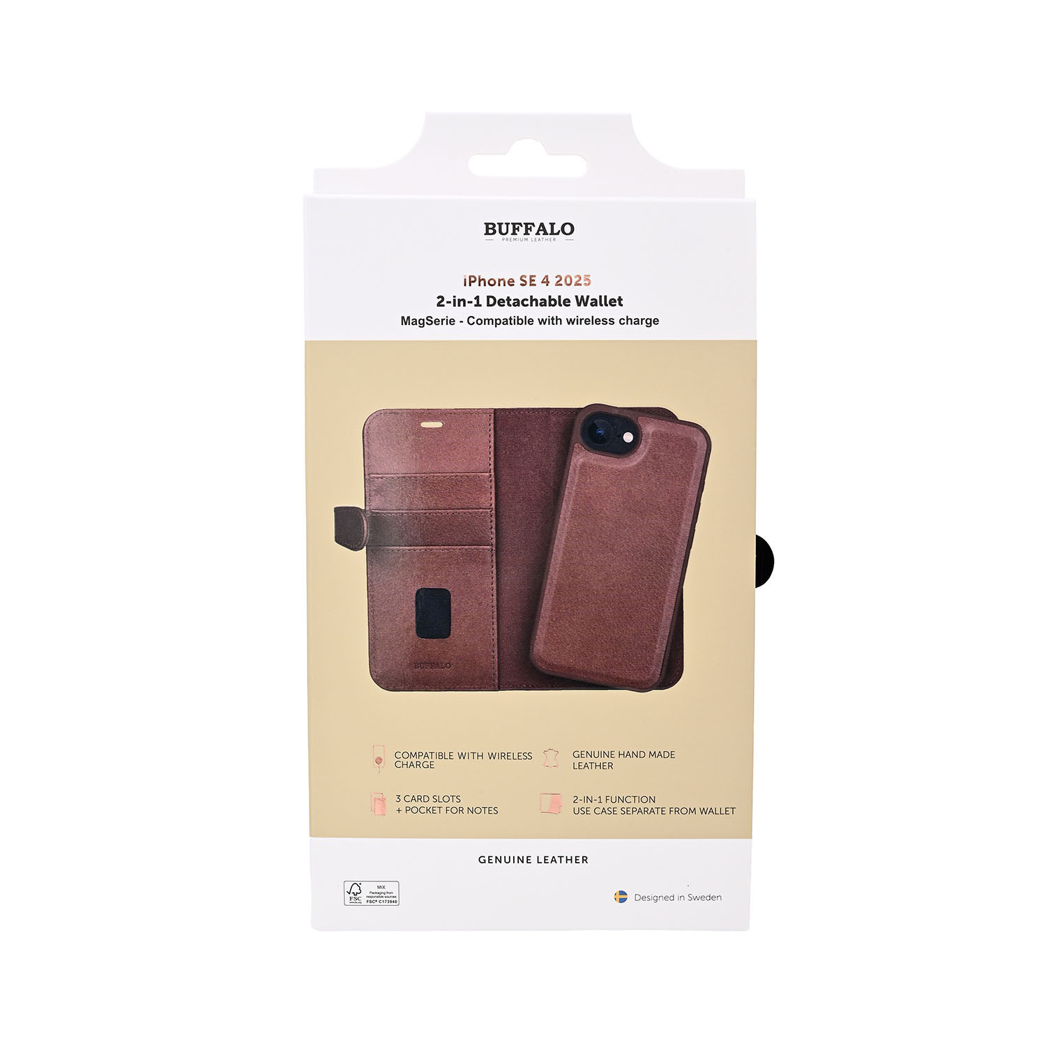 BUFFALO 2in1 Leather 3 card MagSeries iPhone 16e Brown