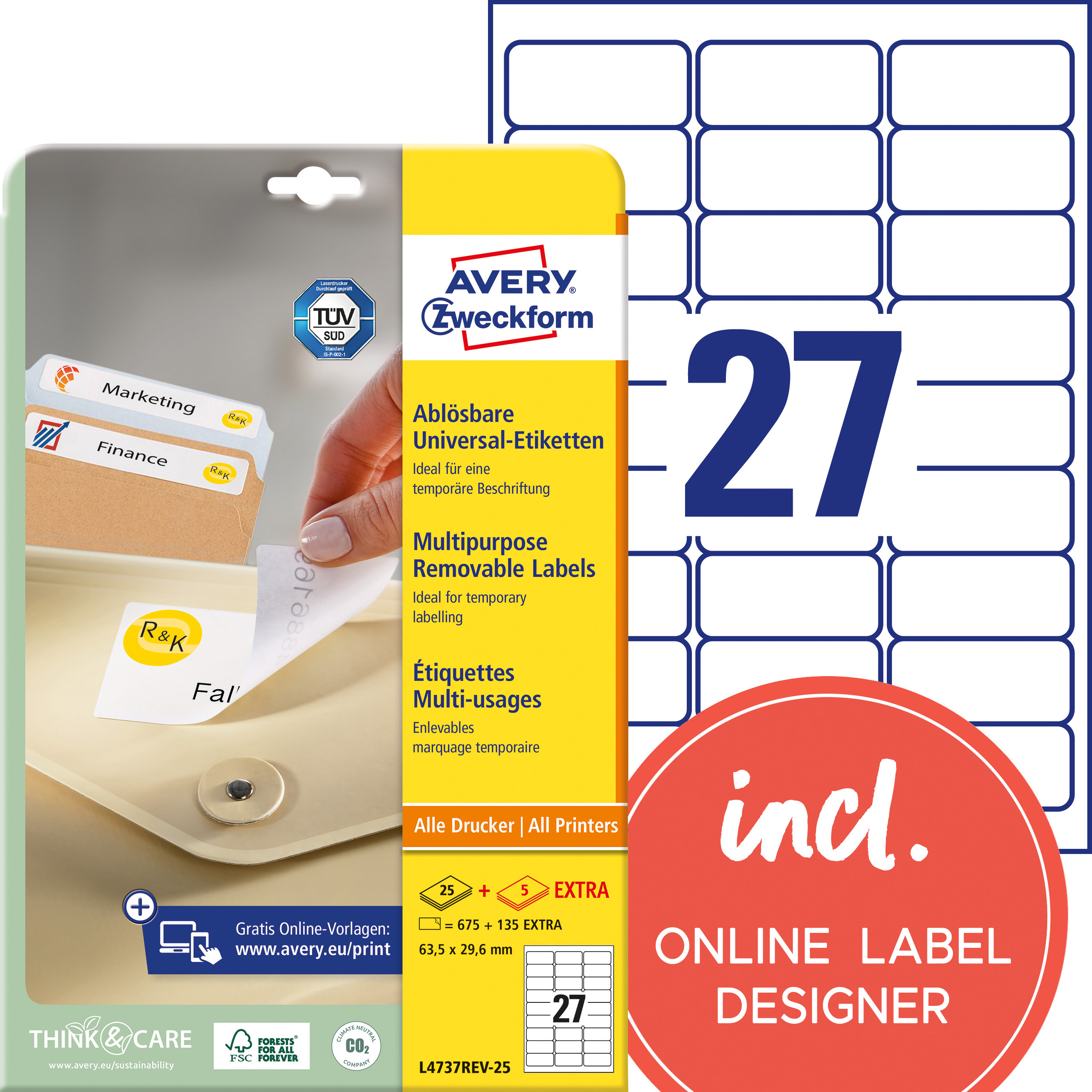 BildeAVERY Removable labels, white 63,5x29,6mm, for all printers 675 labels/pack 25 sheet/pack