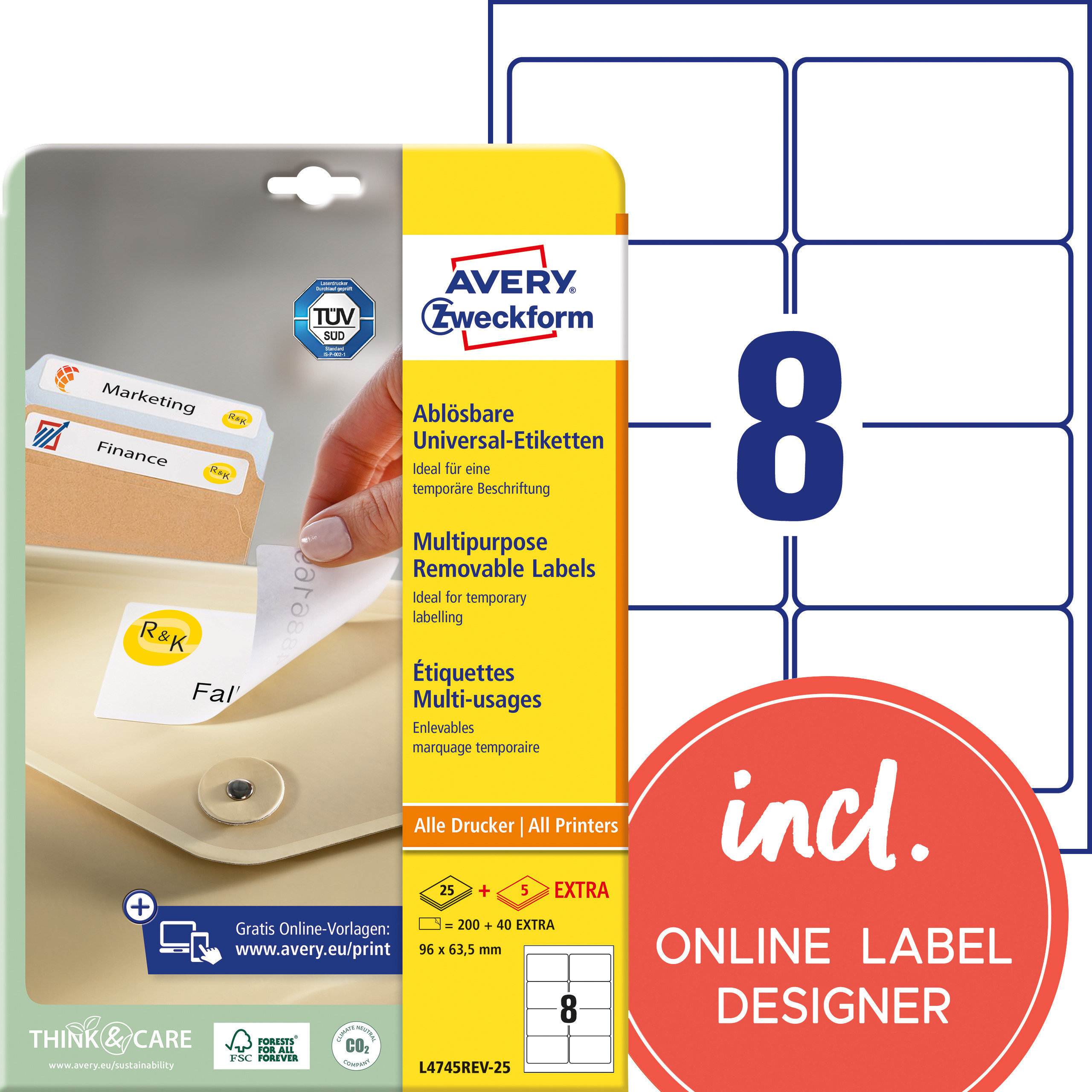 BildeAVERY Removable labels, white 96x63,5mm, for all printers 200 labels/pack 25 sheet/pack