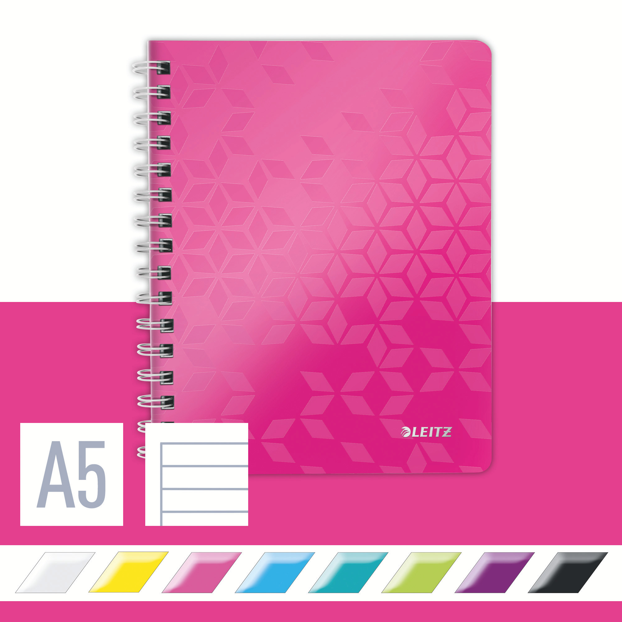 Leitz Notatbok WOW PP A5 lin. 80a m/hull rosa