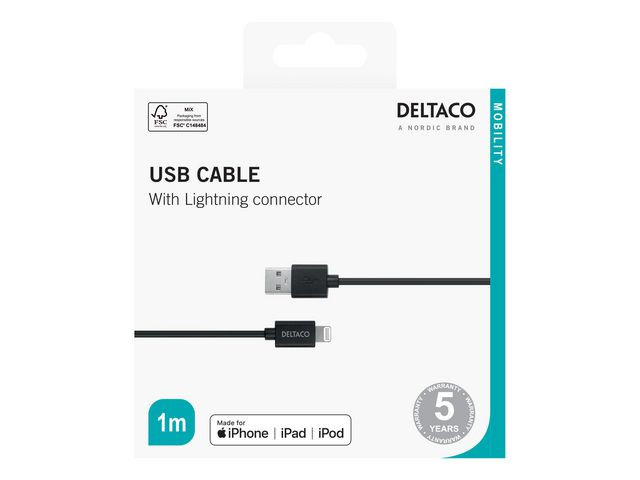 BildeKabel Deltaco Usb-A Til Lightning 1M Sor