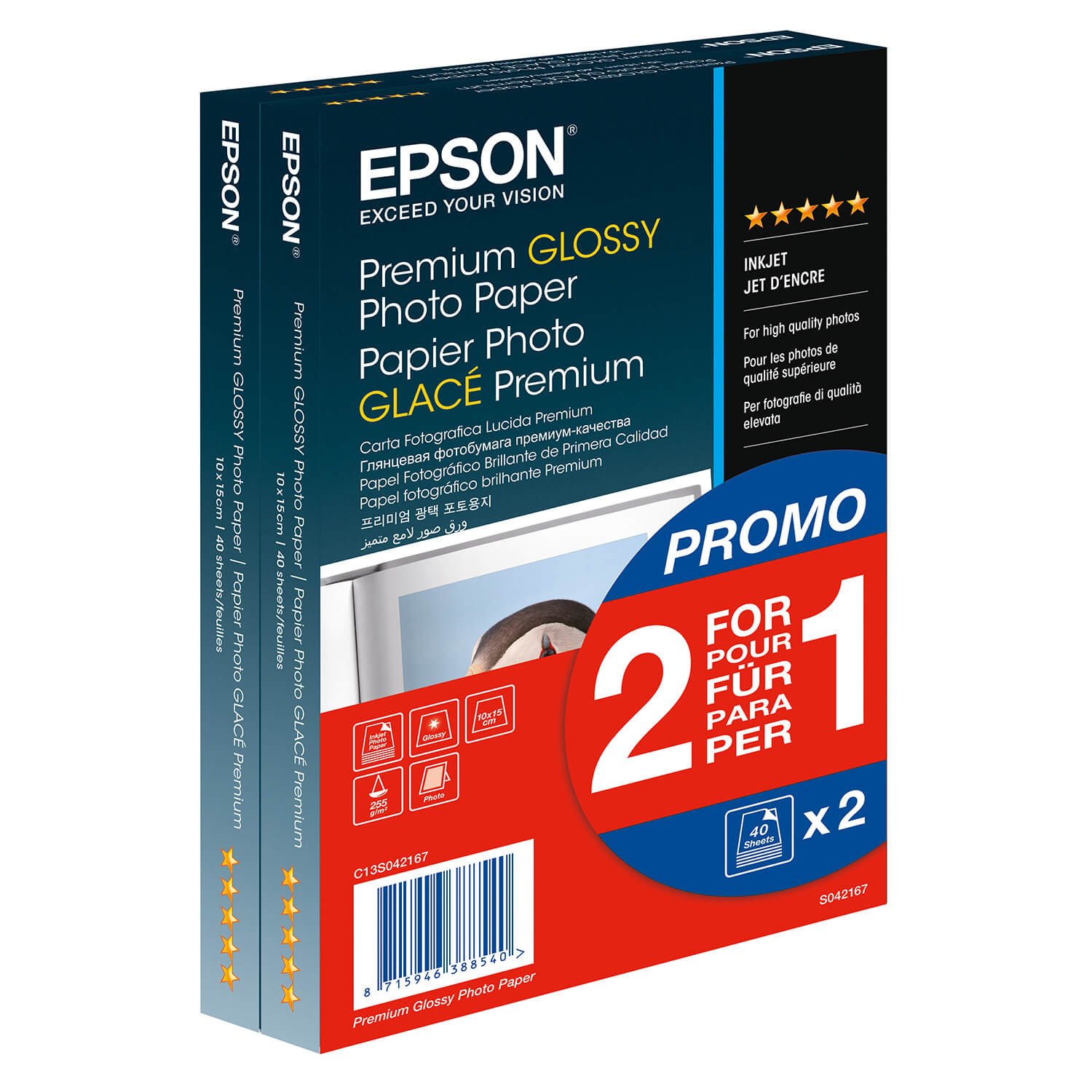 BildeEPSON 10x15 Premium Glossy Photo Paper (2 for 1), 10x15com 255g/m², 80 Sheets total