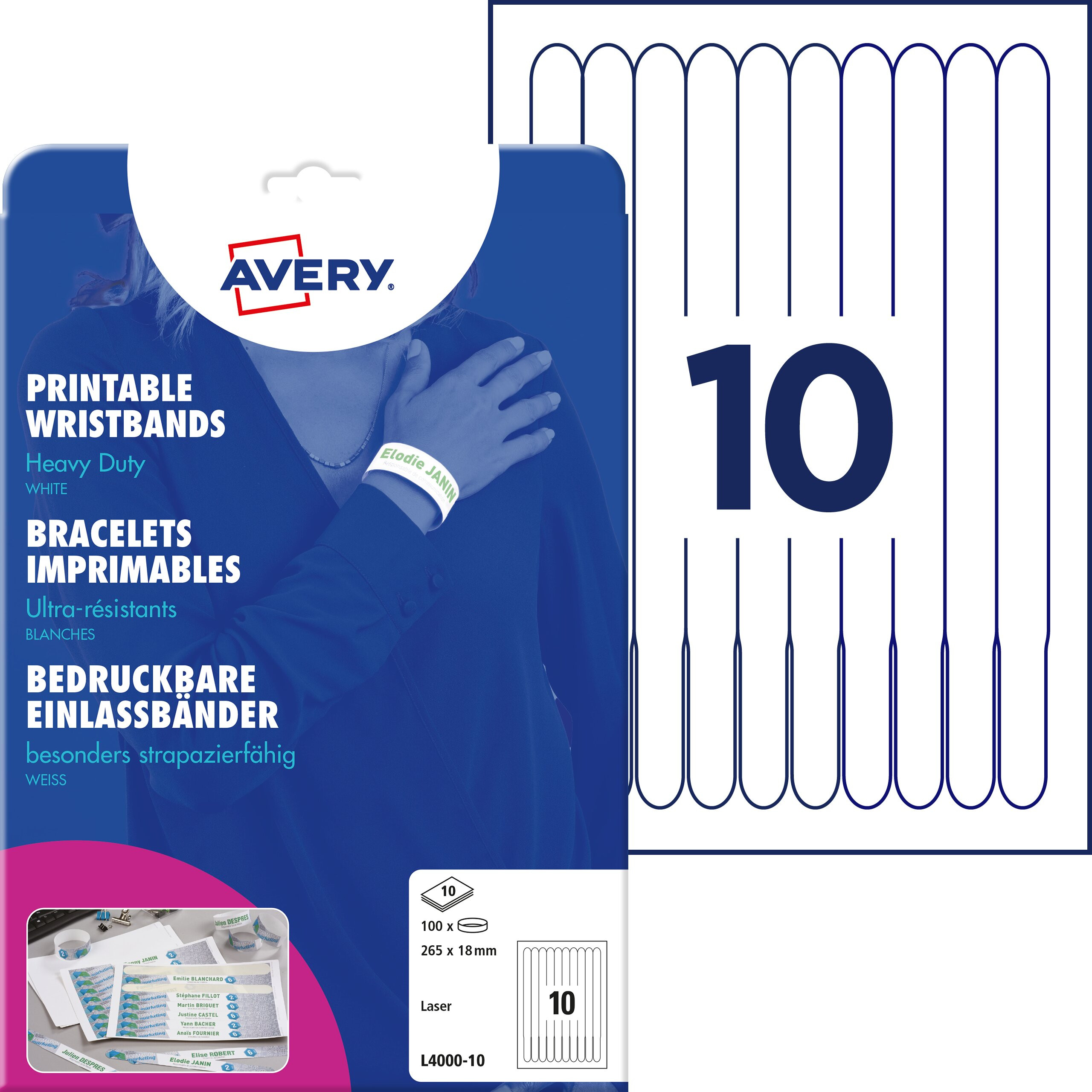 AVERY L4000-10 Wristbands printable 265x18mm white (100)