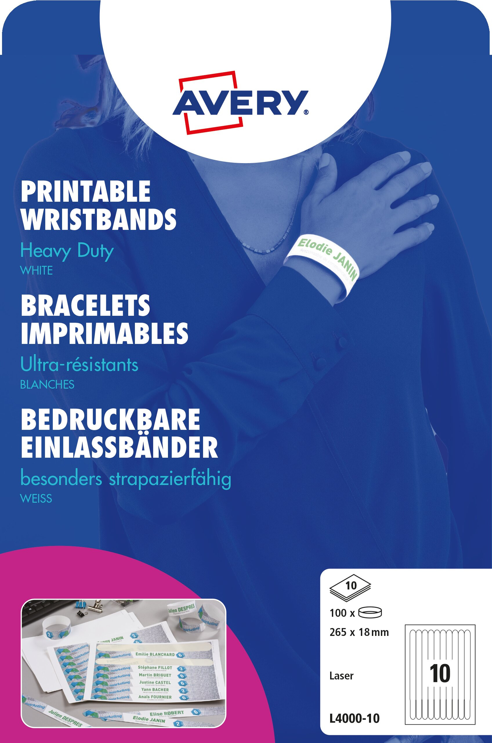 AVERY L4000-10 Wristbands printable 265x18mm white (100)