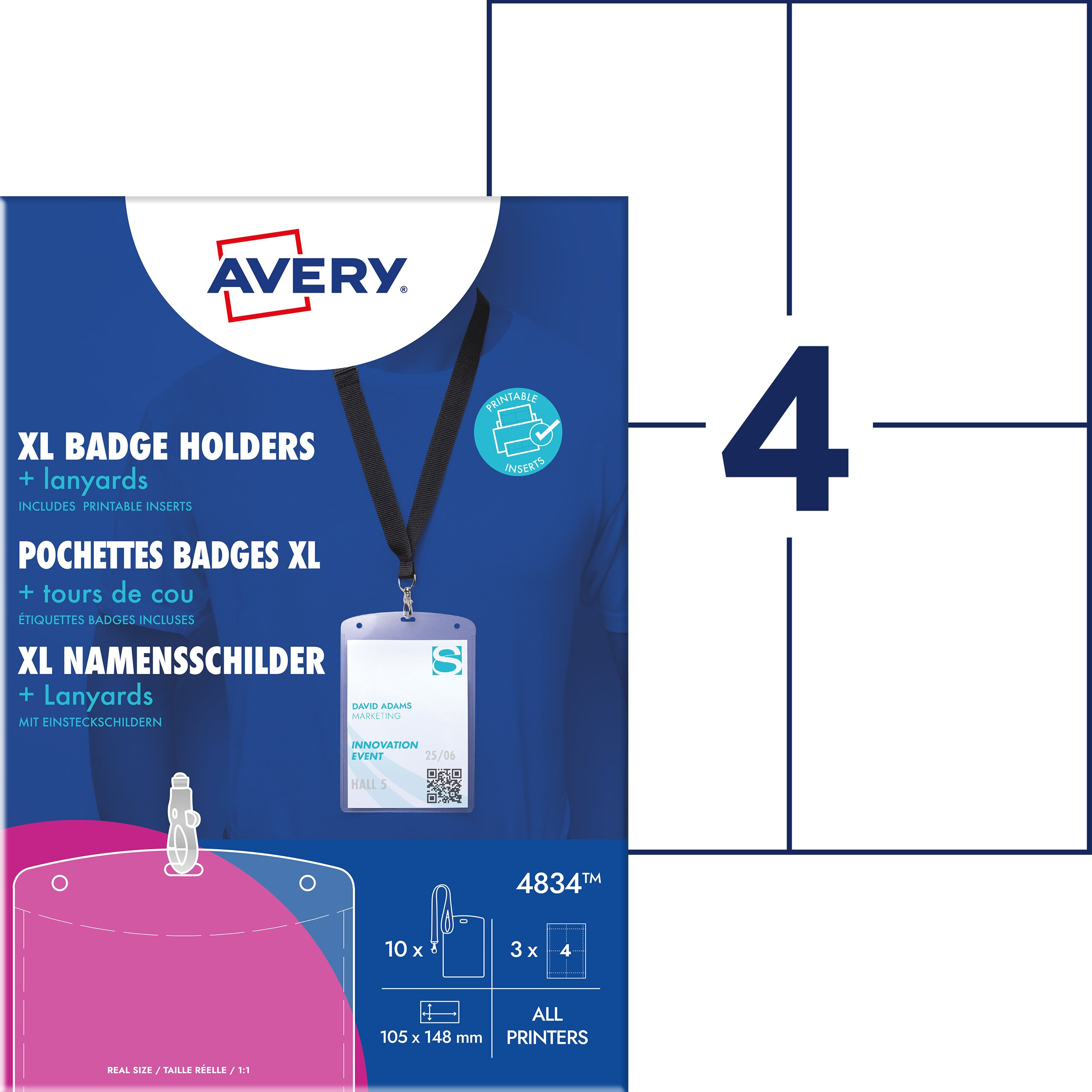 AVERY 4834 Name badge holder w/lanyard XL 105x148mm (10)