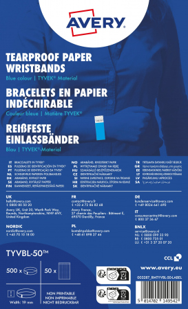 AVERY TYVBL-50 Writsbands tearproof Tyvek blue (500)