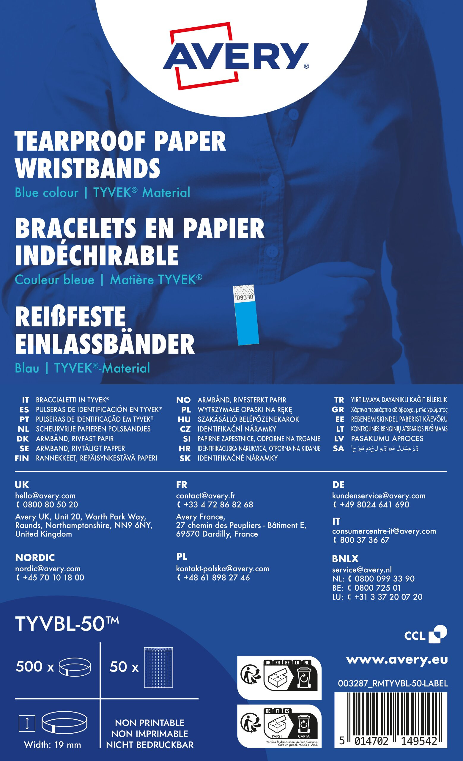 AVERY TYVBL-50 Writsbands tearproof Tyvek blue (500)