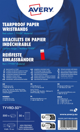 AVERY TYVRD-50 Writsbands tearproof Tyvek red (500)