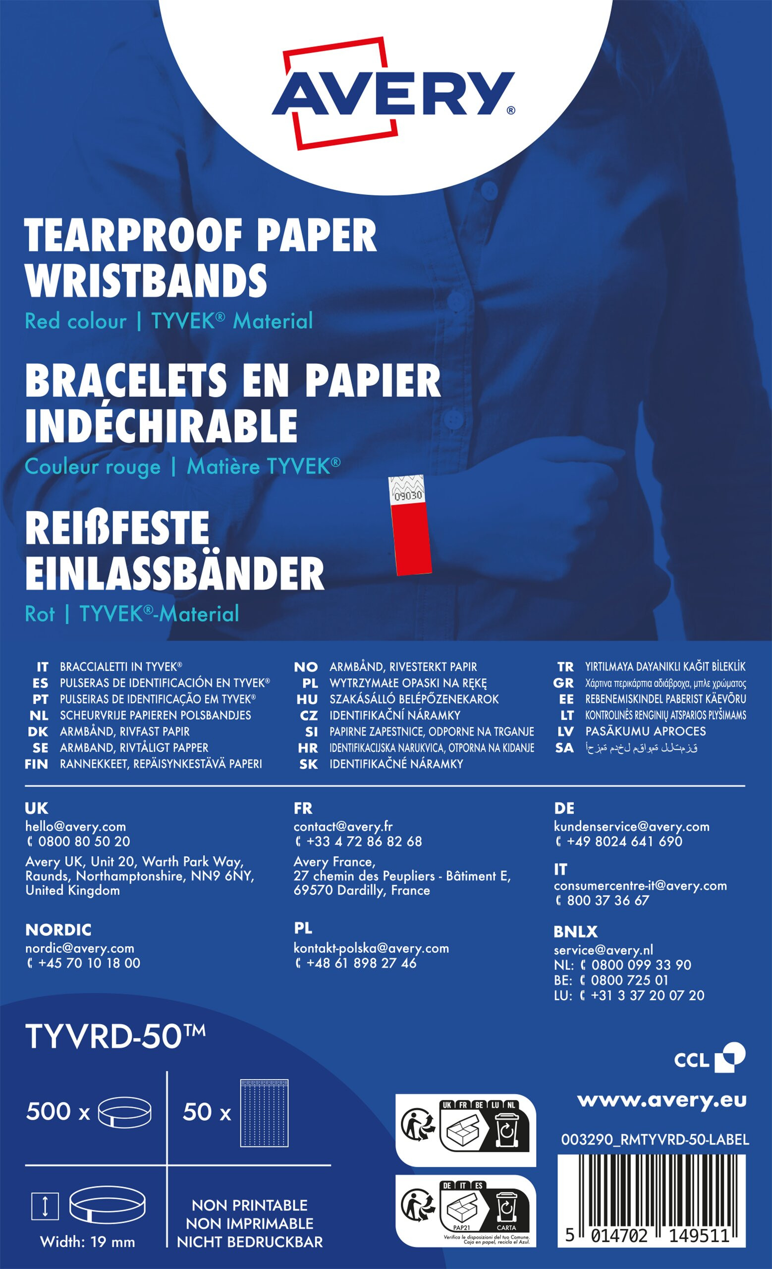 AVERY TYVRD-50 Writsbands tearproof Tyvek red (500)