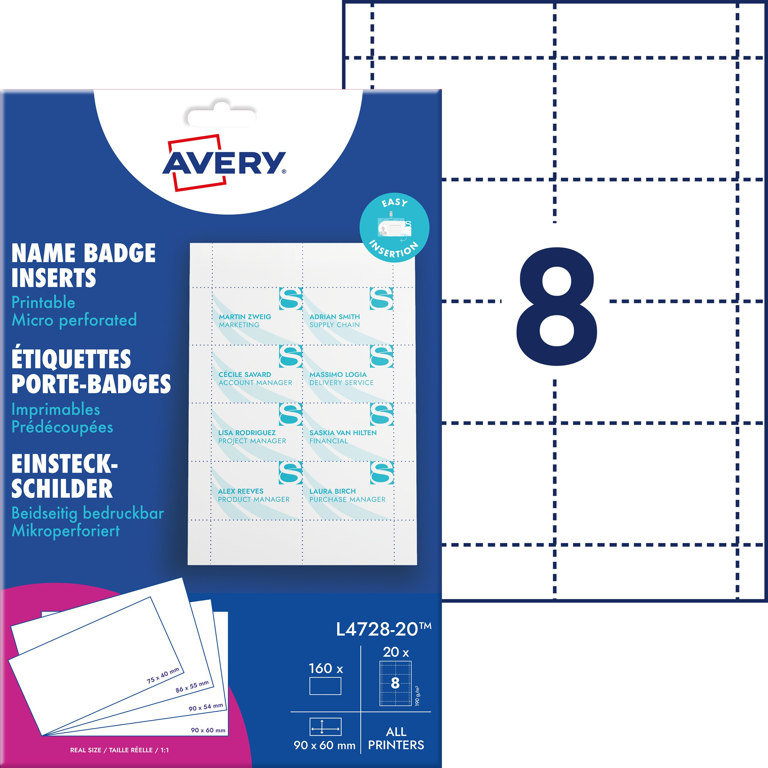 BildeAVERY Micro Perforated Inserts for Badge Holders, 190 g, 60x9 8 Labels/sheet/20 sheets/pack