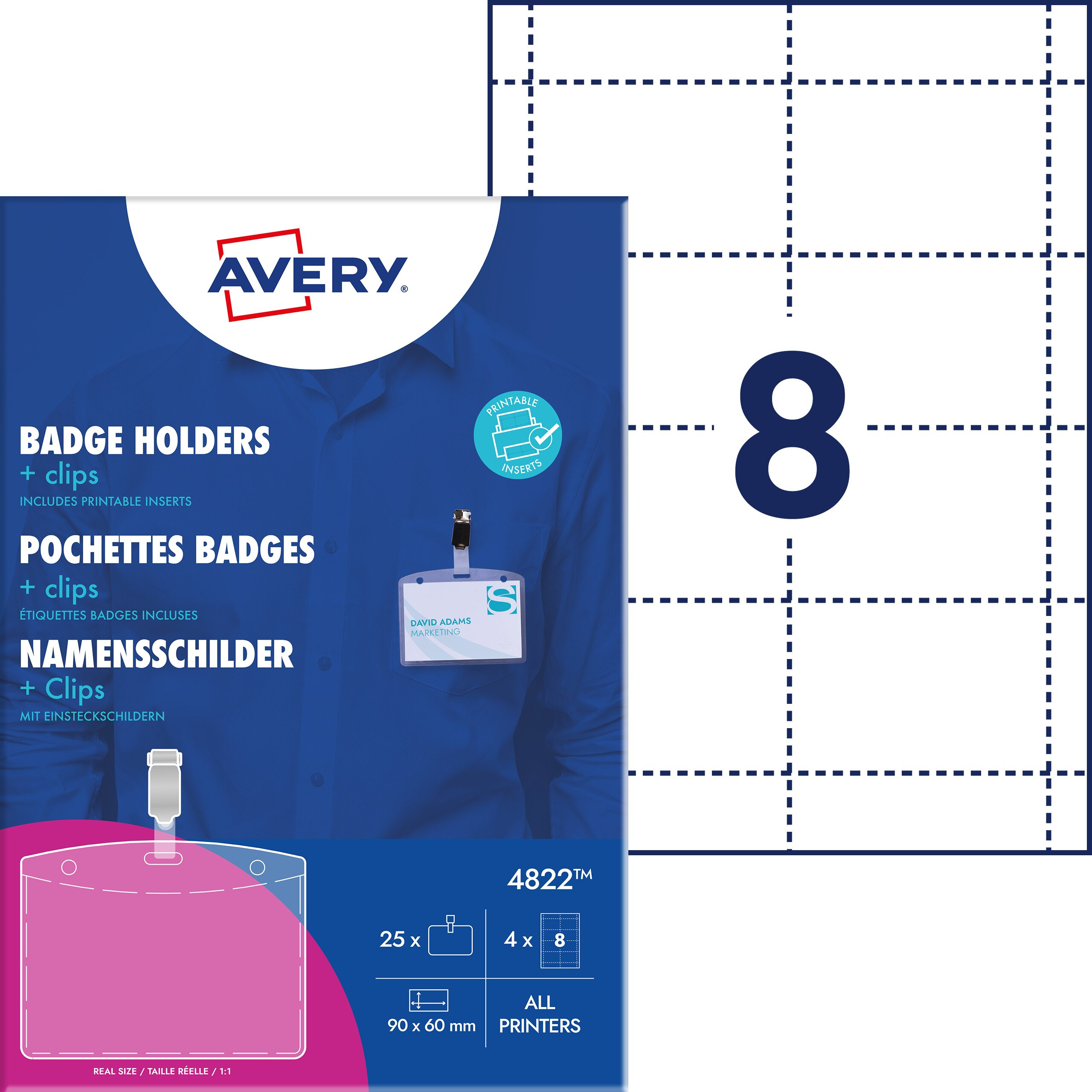 AVERY Name Badge Set, 60x90mm Incl. clips and inserts 25 badges/set