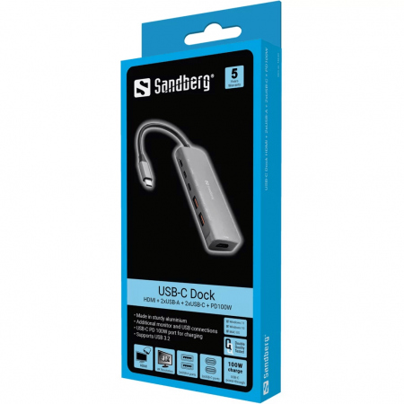 SANDBERG USB-C Dock HDMI + 2xUSB-A + 2xUSB-C + PD100W