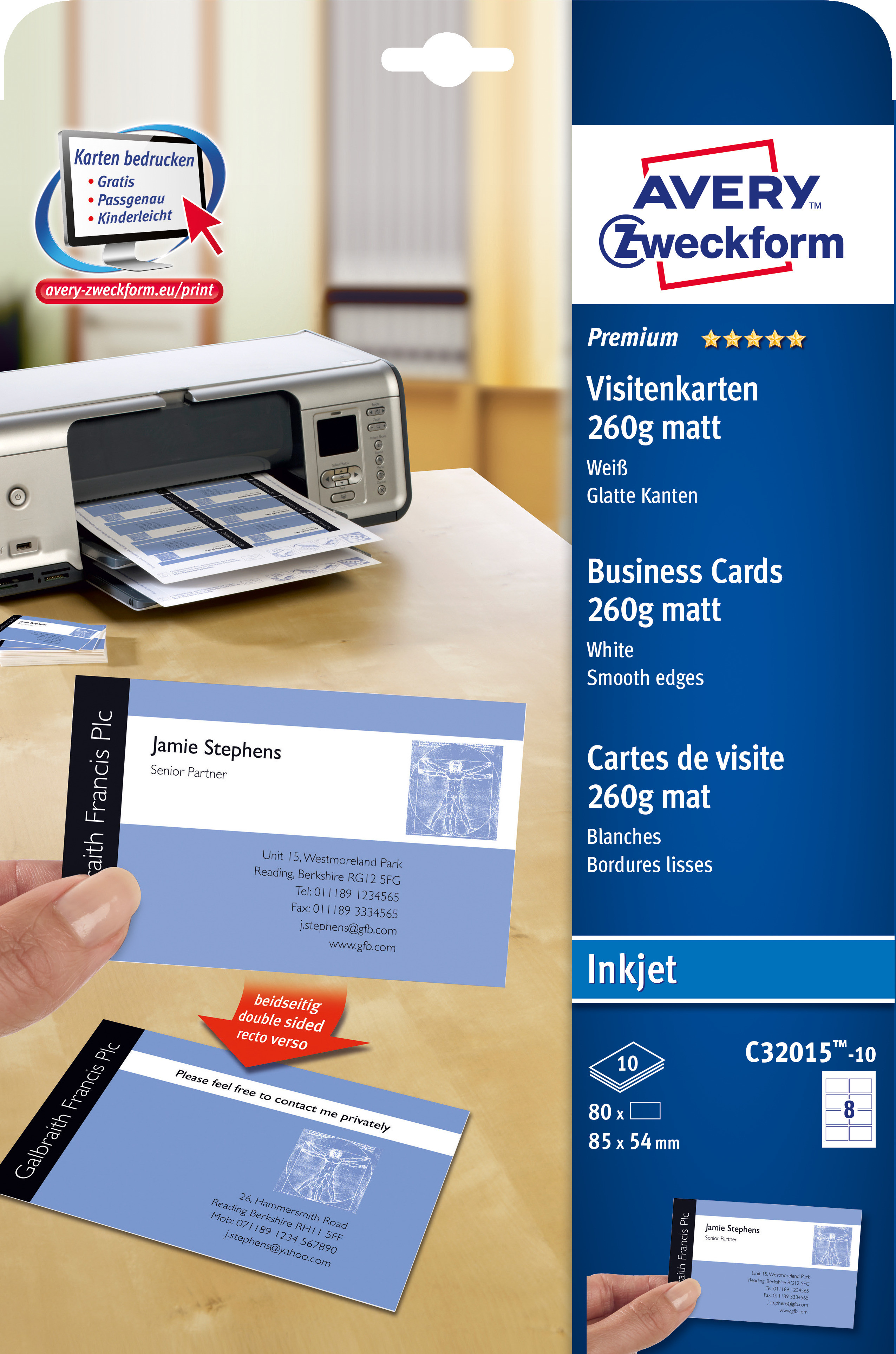 Avery C32015-10 Business cards matt 260g 85x54 (80)