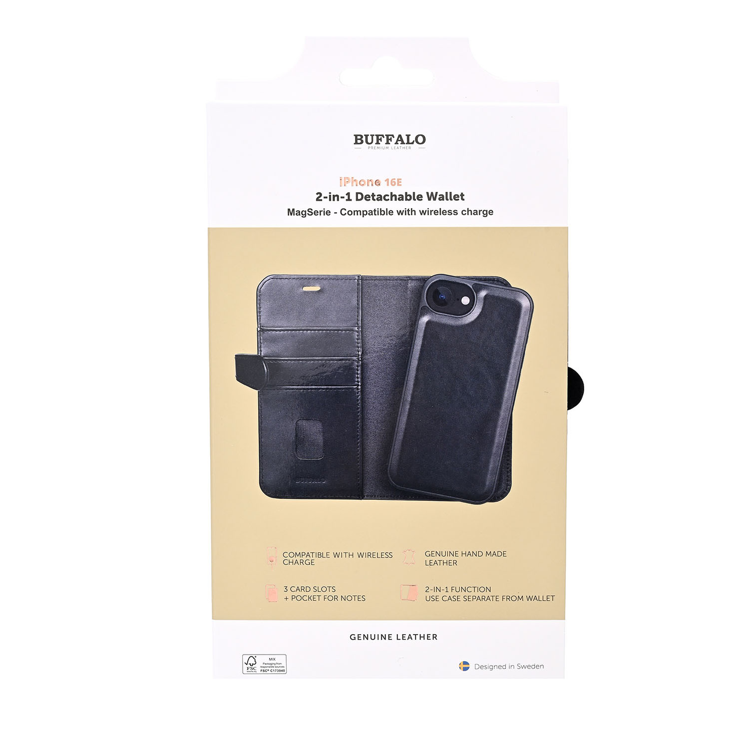 BUFFALO 2in1 Leather 3 card MagSeries iPhone 16e Black