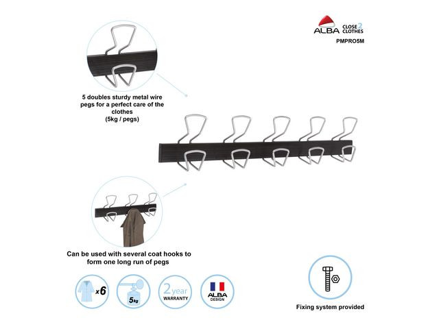 Klesknagg Alba 5 Kroker 76Cm Sort/Metal
