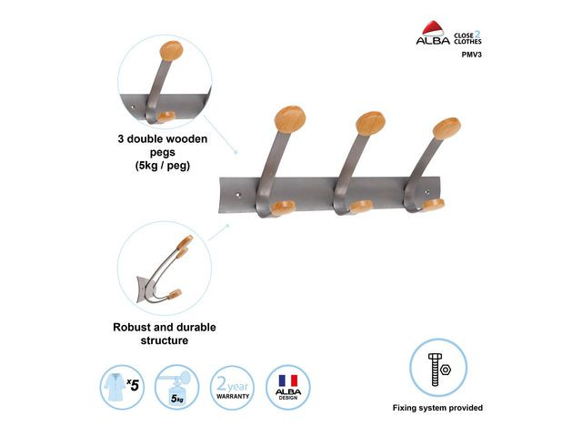 Klesknagg Alba 3 Kroker 46Cm Tre/Metall