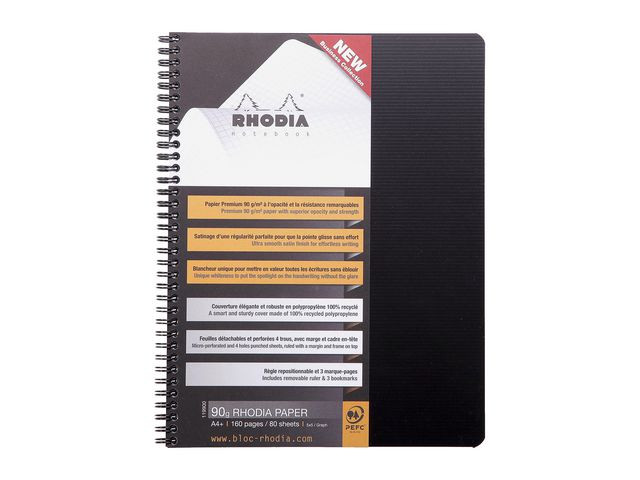 Spiralbok Rhodia Active A4+ Pp Rutet Sor (5 stk)