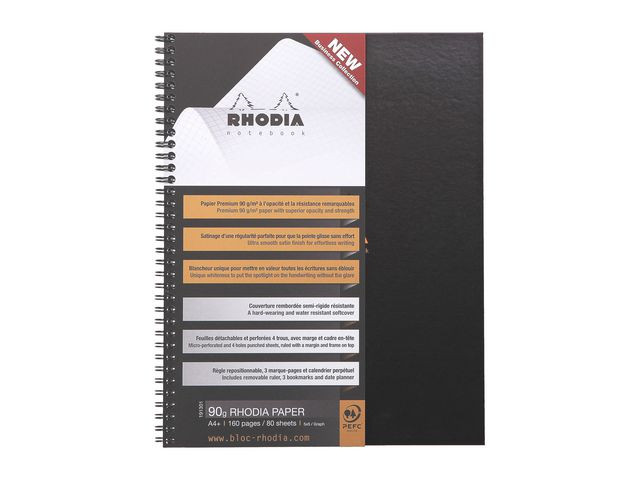 Spiralbok Rhodia Active A4+ Rutet Sort (5 stk)