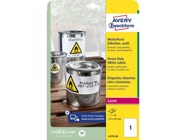Etikett Avery Polyester 210X297Mm (20 stk)