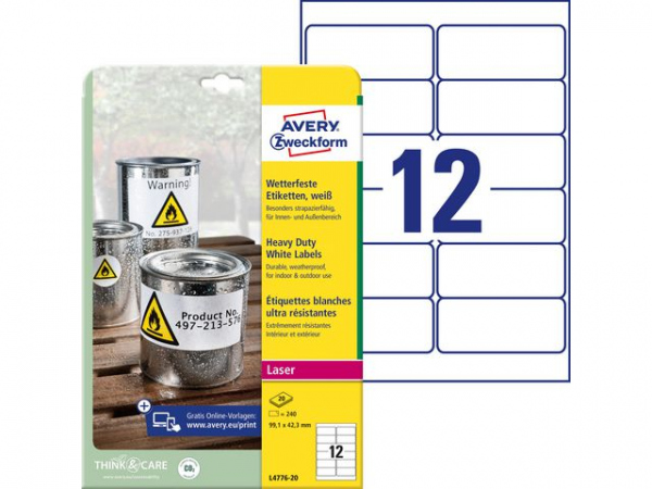 Etikett Avery Polyester 99,1X42,3Mm (240 stk)