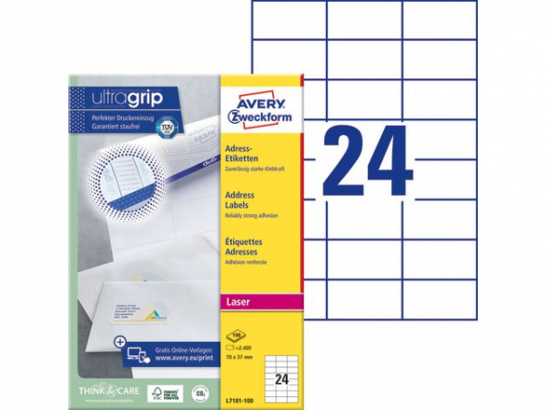 Etikett Avery Laser 70X37Mm (2400 stk)