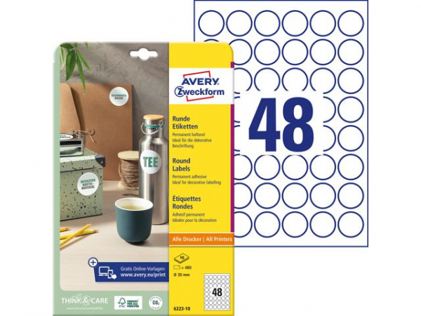 Etikett Avery Rund Ø30Mm (480 stk)