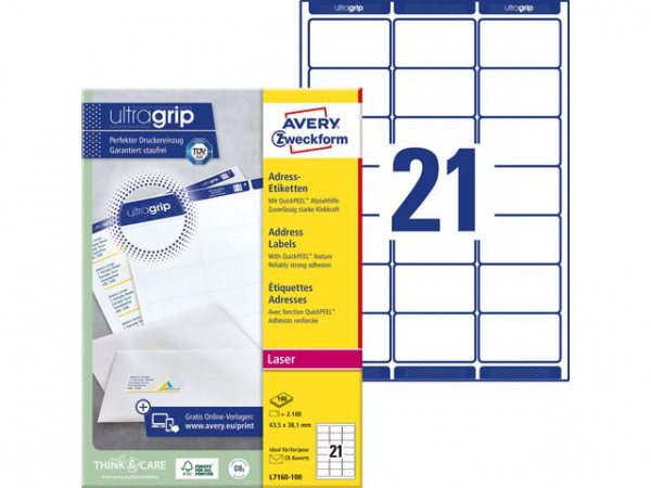 Etikett Avery Laser Qp 63,5X38,1 (2100 stk)