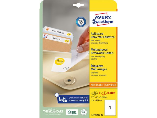 Etikett Avery Avtagbar 210X297Mm (30 stk)