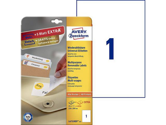 BildeEtikett Avery Avtagbar 210X297Mm (30 stk)
