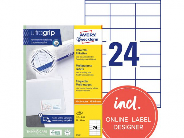 Etikett Avery Ultragrip 70X35Mm (2400 stk)