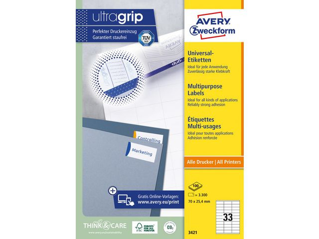 Etikett Avery Ultragrip 70X25,4Mm (3300 stk)