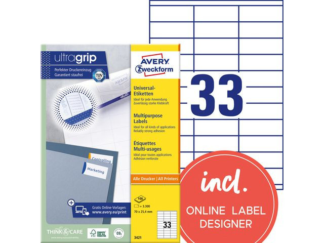 BildeEtikett Avery Ultragrip 70X25,4Mm (3300 stk)