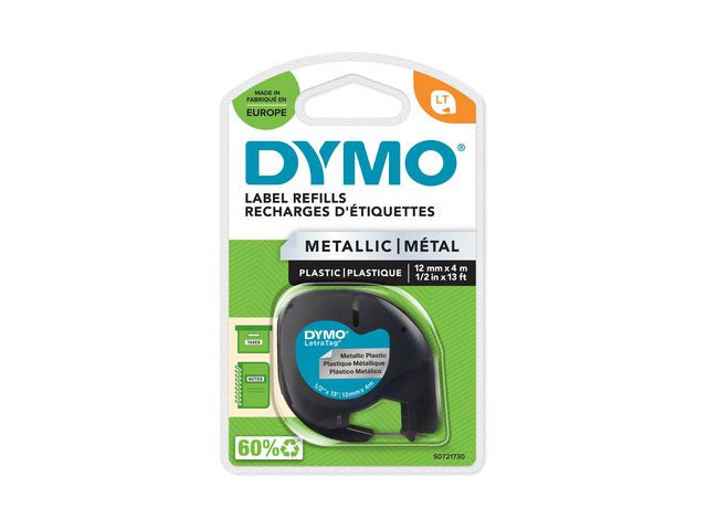 Tape Dymo Letratag 12Mm Metal Sort/Sølv