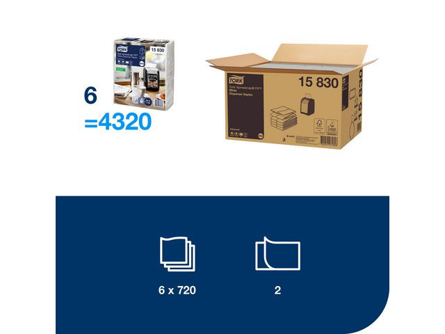 Dispenserserviett Tork N14 2L Hvit (720 stk/pk, 6 pakker)