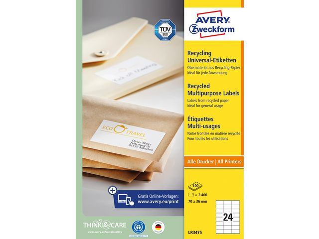 Etikett Avery Resirkulert 70X36Mm (2400 stk)