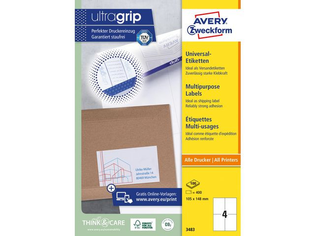 Etikett Avery Ultragrip 105X148Mm (400 stk)