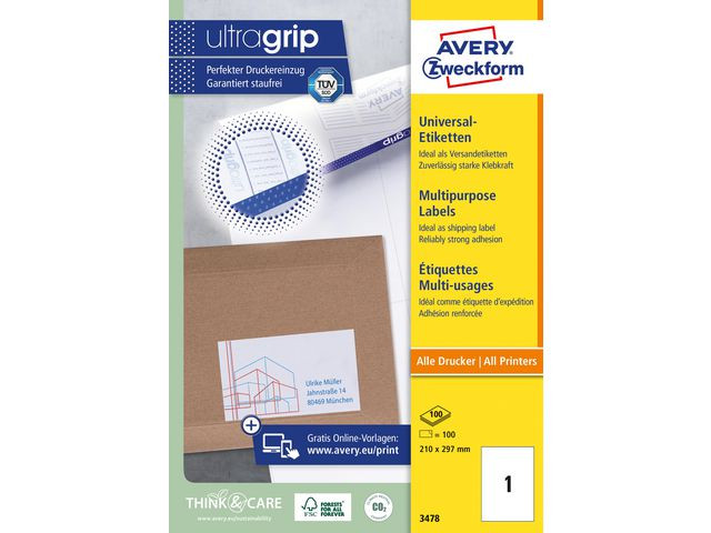 Etikett Avery Ultragrip 210X297Mm (100 stk)