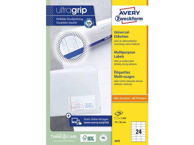 Etikett Avery Ultragrip 70X36Mm (2400 stk)
