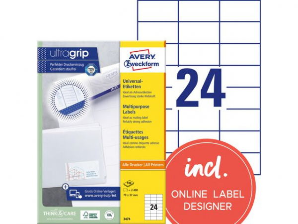 Etikett Avery Ultragrip 70X37Mm (2400 stk)